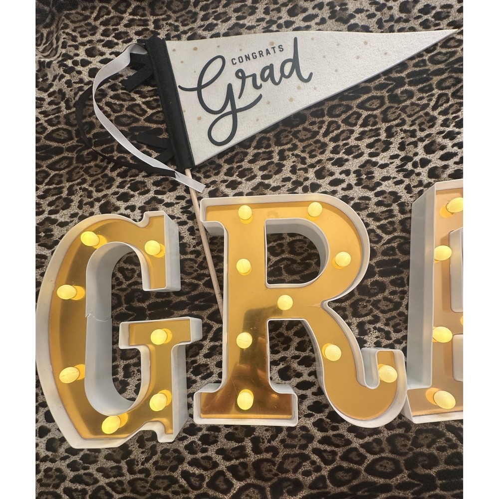 Gold Graduation GRAD Light Up LED Letters Table Decor + Congrats Grad Pennant - Picture 7 of 16